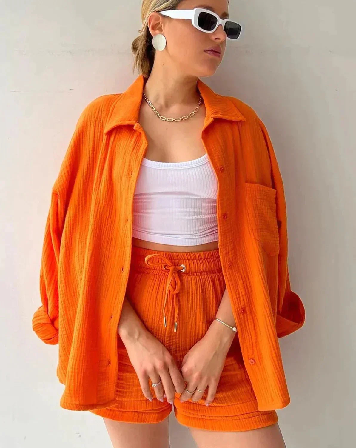 Linde™ | Damer 2-Delts Musselin Sommersæt | Let Co-Ord Sæt Med Oversize Skjorte, Ribtop Og Shorts