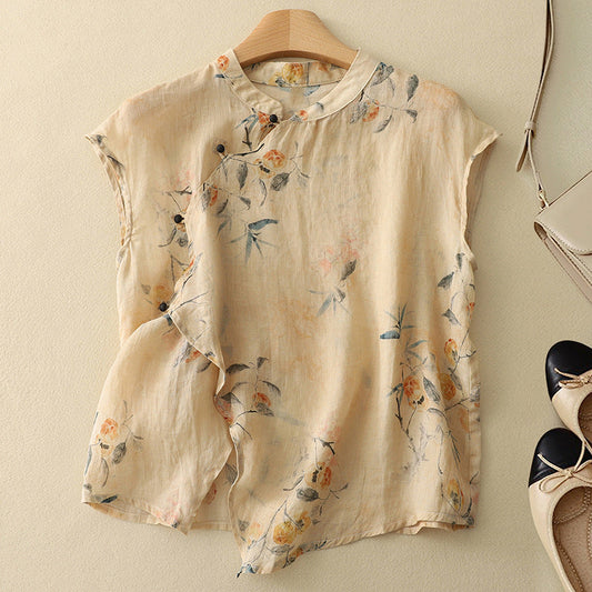 Ayana | Hør Top Dame | Let Sommer Top | Ærmeløs | Bohemian Blomsterprint | Løstsiddende | Asymmetrisk Kant