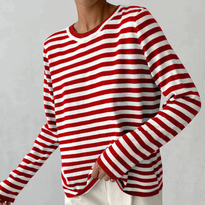 Nina™ | Damer Stribet Strikket Langærmet Bluse Med Rund Hals | Tidløs Marine Look Top I Bomuldsblanding