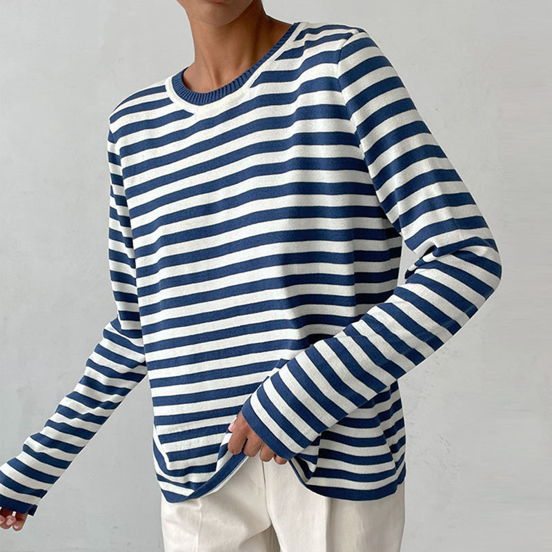 Nina™ | Damer Stribet Strikket Langærmet Bluse Med Rund Hals | Tidløs Marine Look Top I Bomuldsblanding