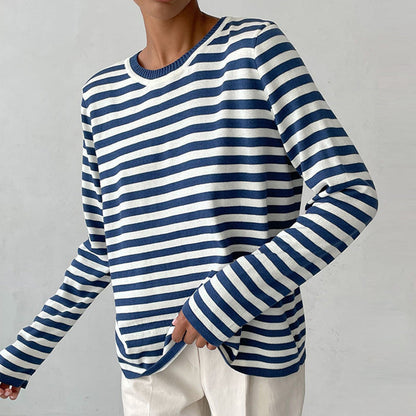 Nina™ | Damer Stribet Strikket Langærmet Bluse Med Rund Hals | Tidløs Marine Look Top I Bomuldsblanding