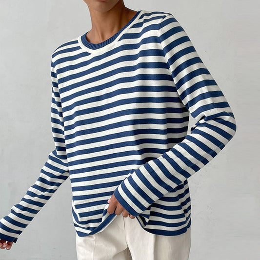 Nina™ | Damer Stribet Strikket Langærmet Bluse Med Rund Hals | Tidløs Marine Look Top I Bomuldsblanding