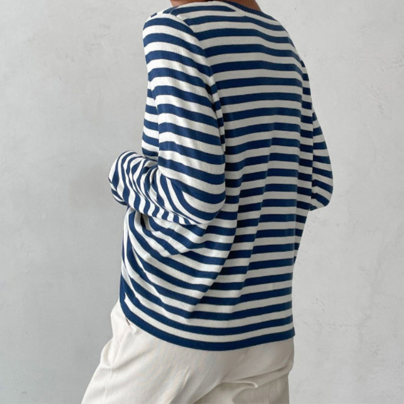 Nina™ | Damer Stribet Strikket Langærmet Bluse Med Rund Hals | Tidløs Marine Look Top I Bomuldsblanding