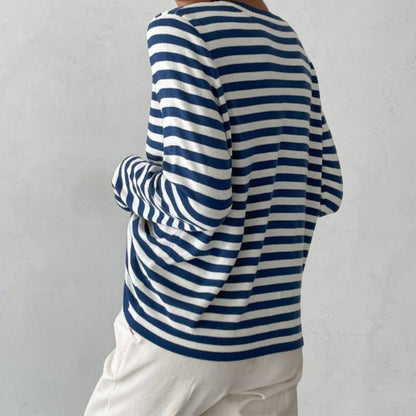 Nina™ | Damer Stribet Strikket Langærmet Bluse Med Rund Hals | Tidløs Marine Look Top I Bomuldsblanding