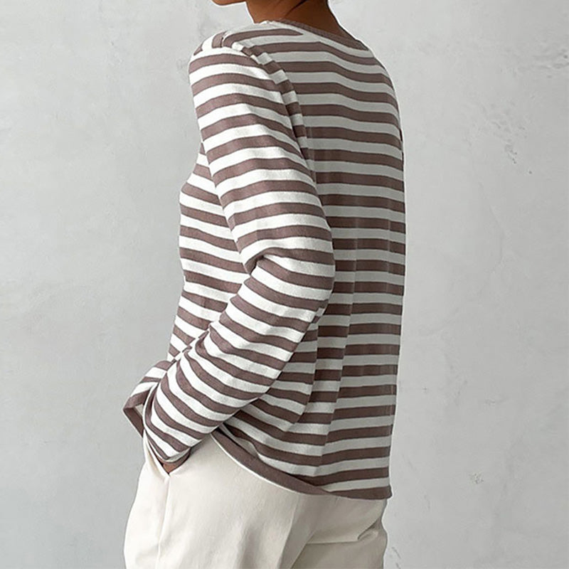 Nina™ | Damer Stribet Strikket Langærmet Bluse Med Rund Hals | Tidløs Marine Look Top I Bomuldsblanding