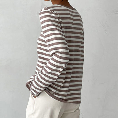 Nina™ | Damer Stribet Strikket Langærmet Bluse Med Rund Hals | Tidløs Marine Look Top I Bomuldsblanding