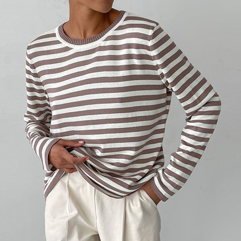Nina™ | Damer Stribet Strikket Langærmet Bluse Med Rund Hals | Tidløs Marine Look Top I Bomuldsblanding