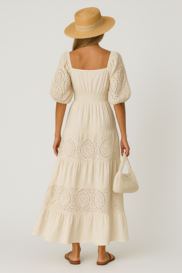 Aloura™ | Damer Hvid Broderi Maxi Kjole | Off-Shoulder Sommerkjole med Pufærmer og Bindebælte
