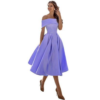 Élodie™ | Off-Shoulder Midi Kjole med A-Linje Nederdel | Elegant Stropløs Kjole med Draperet Talje og Vidde i Skørtet til Festlige Anledninger