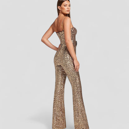 Luisa™ | Damer gul paillet jumpsuit med flared ben | Glitter