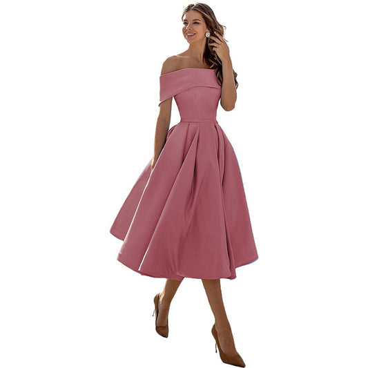 Élodie™ | Off-Shoulder Midi Kjole med A-Linje Nederdel | Elegant Stropløs Kjole med Draperet Talje og Vidde i Skørtet til Festlige Anledninger