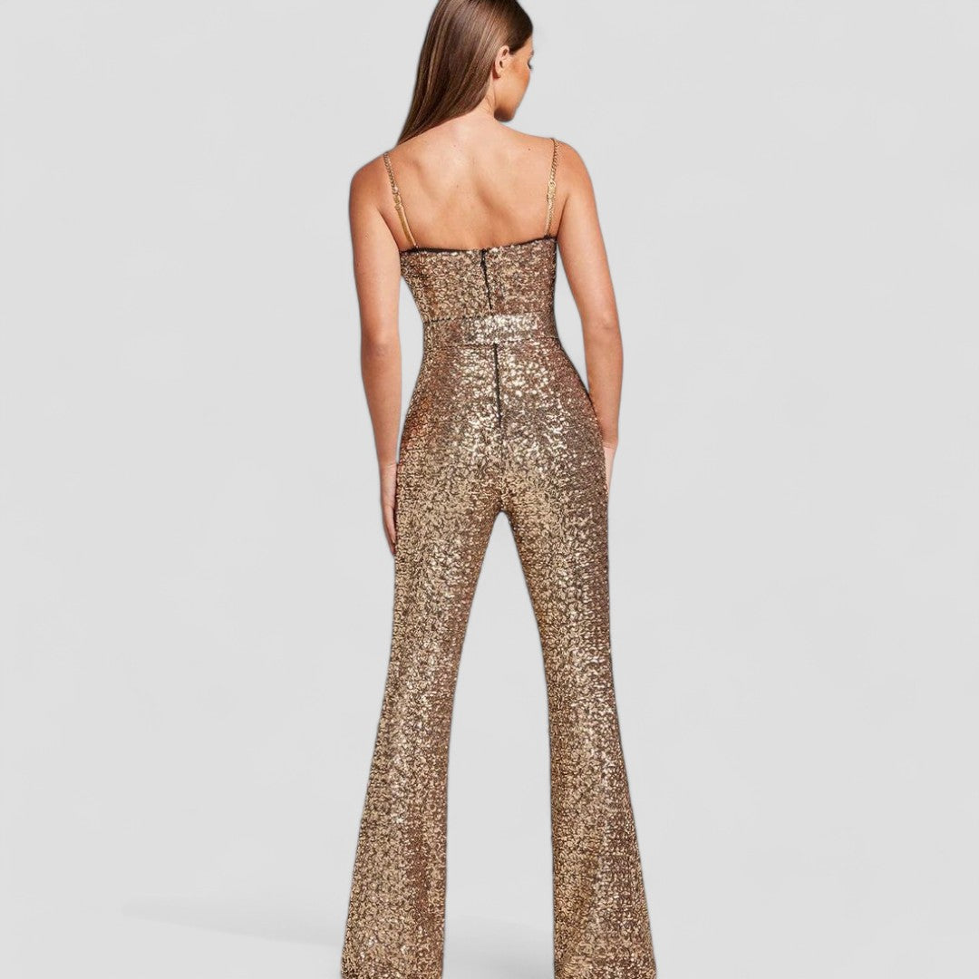 Luisa™ | Damer gul paillet jumpsuit med flared ben | Glitter
