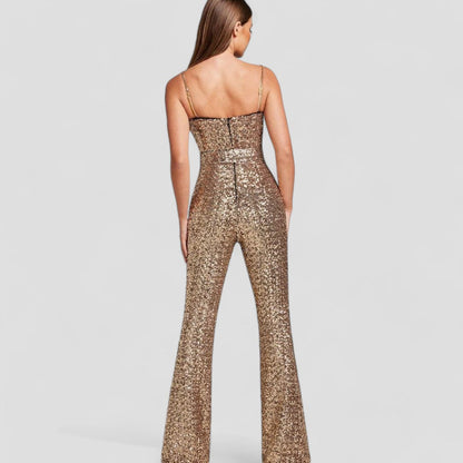 Luisa™ | Damer gul paillet jumpsuit med flared ben | Glitter