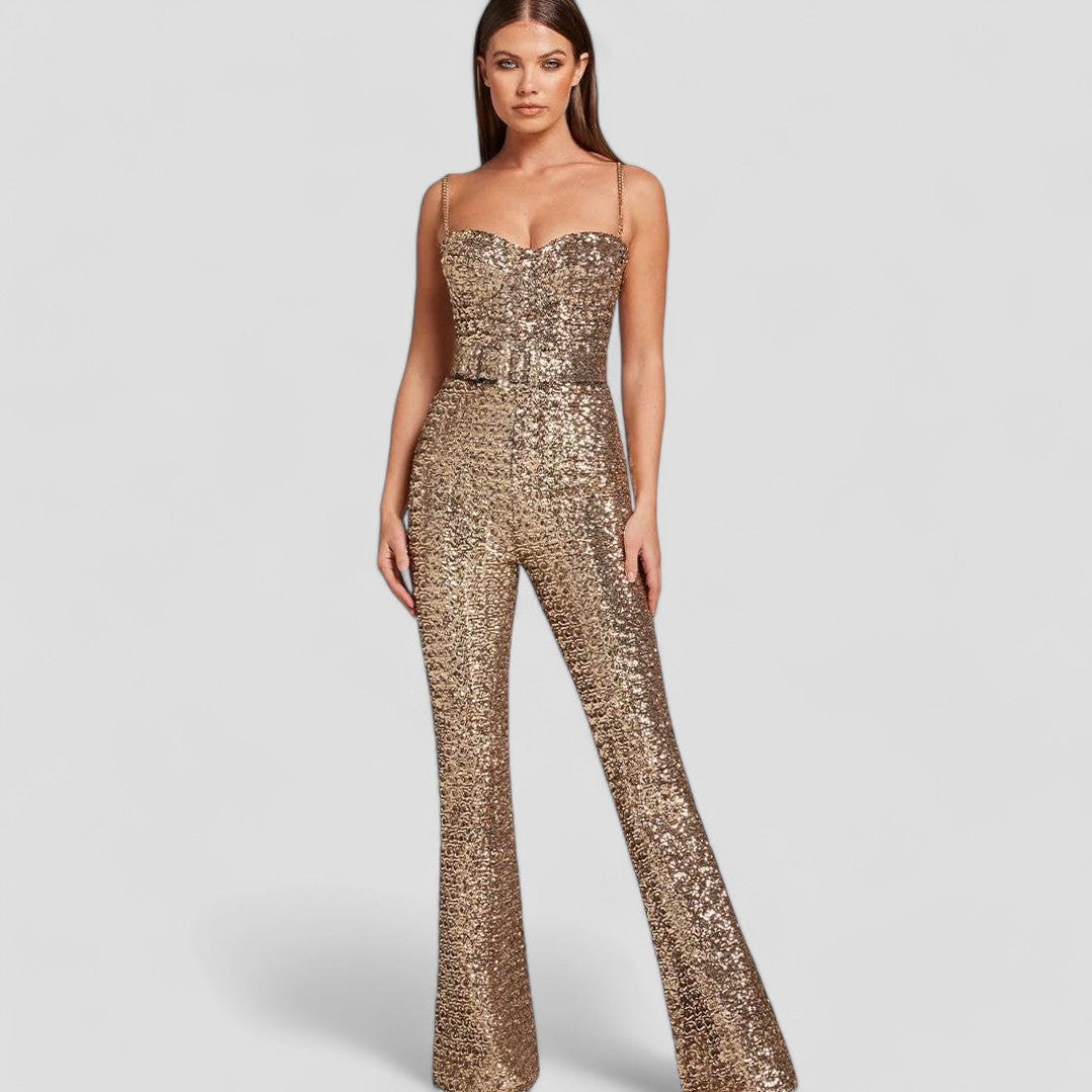 Luisa™ | Damer gul paillet jumpsuit med flared ben | Glitter