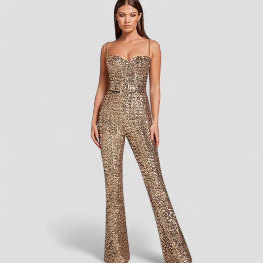 Luisa™ | Damer gul paillet jumpsuit med flared ben | Glitter