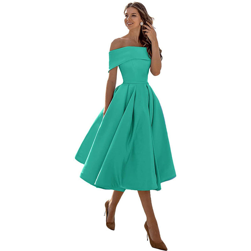 Élodie™ | Off-Shoulder Midi Kjole med A-Linje Nederdel | Elegant Stropløs Kjole med Draperet Talje og Vidde i Skørtet til Festlige Anledninger