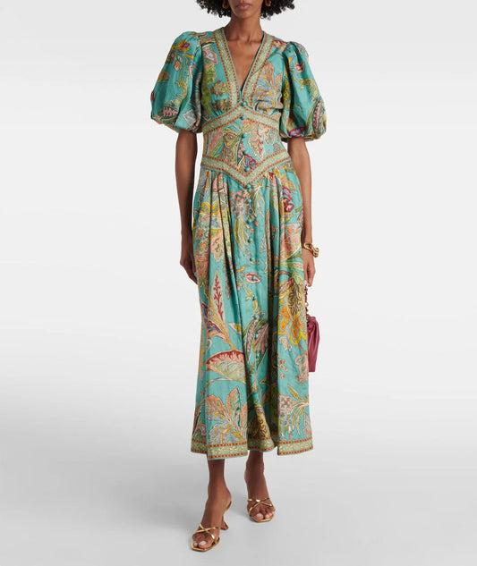 Soleia | Bohemian Maxi Kjole Damer | Let Sommerkjole | V-Hals | Svingende Paisley Print | Festival Strandkjole