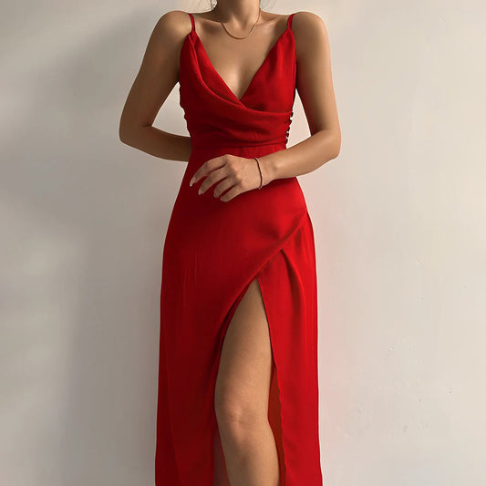 Adriana™ | Damer Satin Maxi-Kjole | Forførende med Dyb V-Hals, Spaghettistropper & Høj Slids