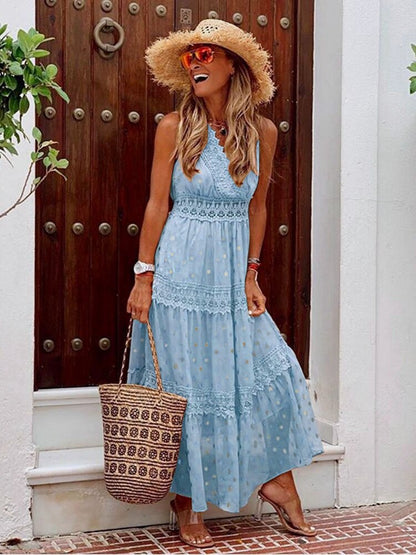Laurel™ | Damer Boheme Maxi Kjole | Luftig Sommerkjole med Blonde Detaljer, V-Hals og Svajende Skørt