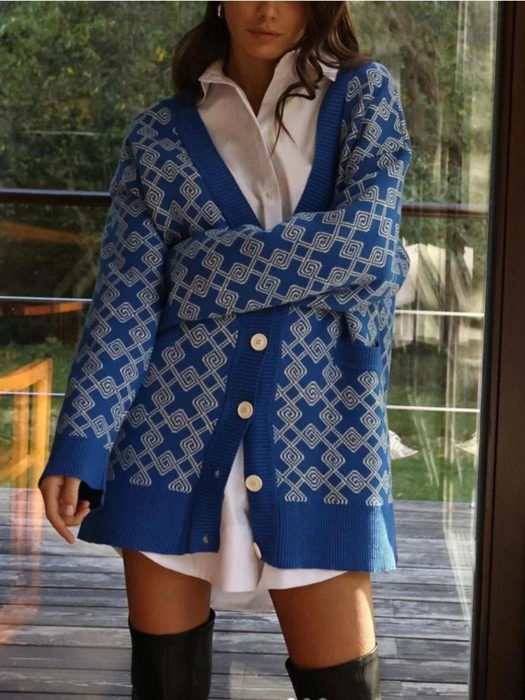 Isolde | Oversize Damer Cardigan med Geometrisk Mønster