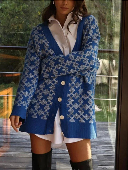 Isolde | Oversize Damer Cardigan med Geometrisk Mønster