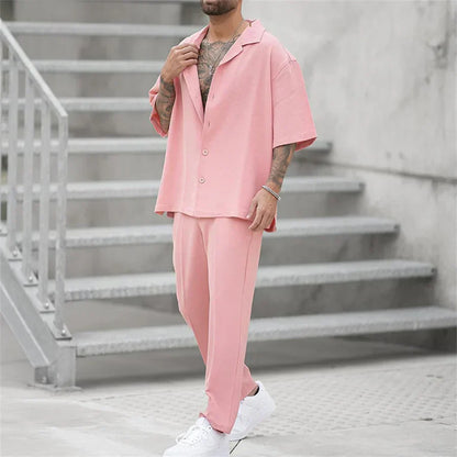 Eliano™ | Herrer Lounge Sæt 2-Dele med Skjorte med Knapper og Vide Bukser | Sommerligt Casual Sæt i Minimalistisk Stil