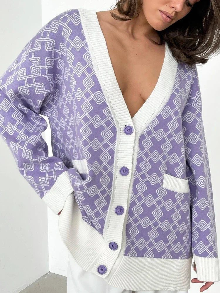 Isolde | Oversize Damer Cardigan med Geometrisk Mønster