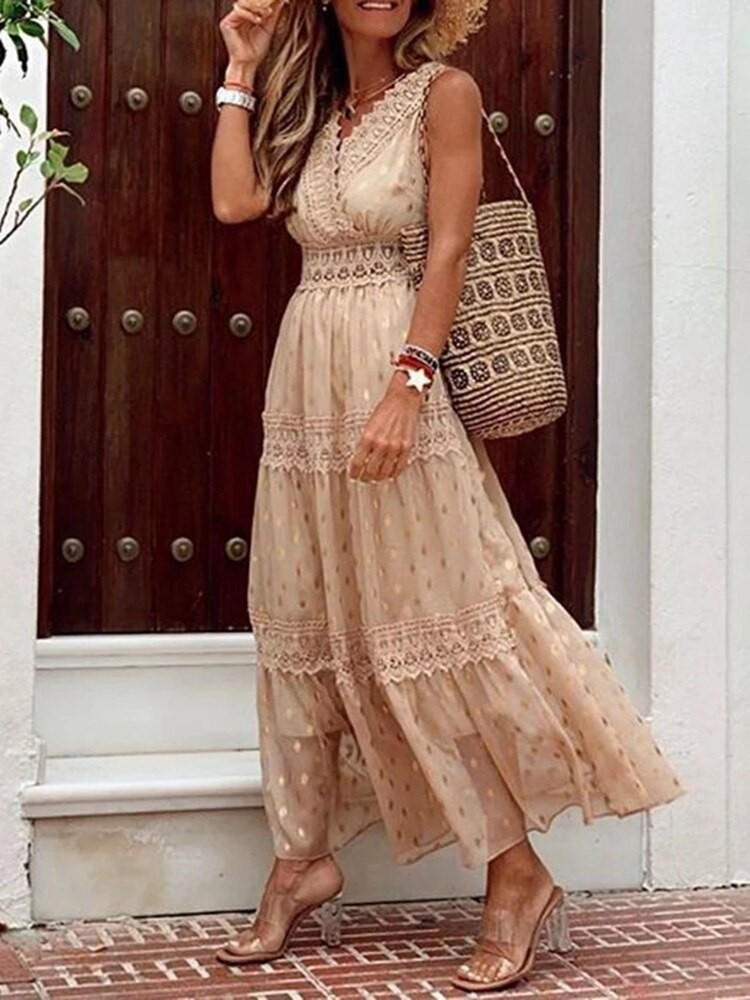 Laurel™ | Damer Boheme Maxi Kjole | Luftig Sommerkjole med Blonde Detaljer, V-Hals og Svajende Skørt