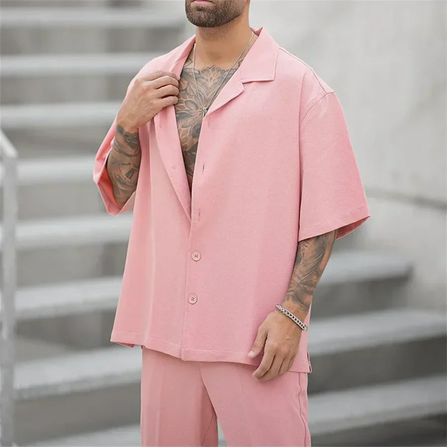Eliano™ | Herrer Lounge Sæt 2-Dele med Skjorte med Knapper og Vide Bukser | Sommerligt Casual Sæt i Minimalistisk Stil