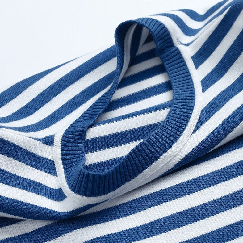 Nina™ | Damer Stribet Strikket Langærmet Bluse Med Rund Hals | Tidløs Marine Look Top I Bomuldsblanding