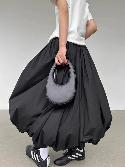 Mireko™ | Sort Ballonnederdel Dame | Voluminøs Midinederdel med Elastisk Taljebånd i Minimalistisk Urban Stil