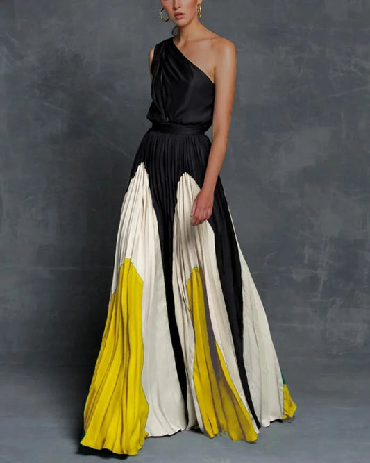 Tina™ | Damer One-Shoulder Maxi Kjole | Asymmetrisk Design med Luksuriøse Farveblokke