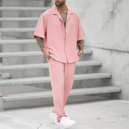 Eliano™ | Herrer Lounge Sæt 2-Dele med Skjorte med Knapper og Vide Bukser | Sommerligt Casual Sæt i Minimalistisk Stil