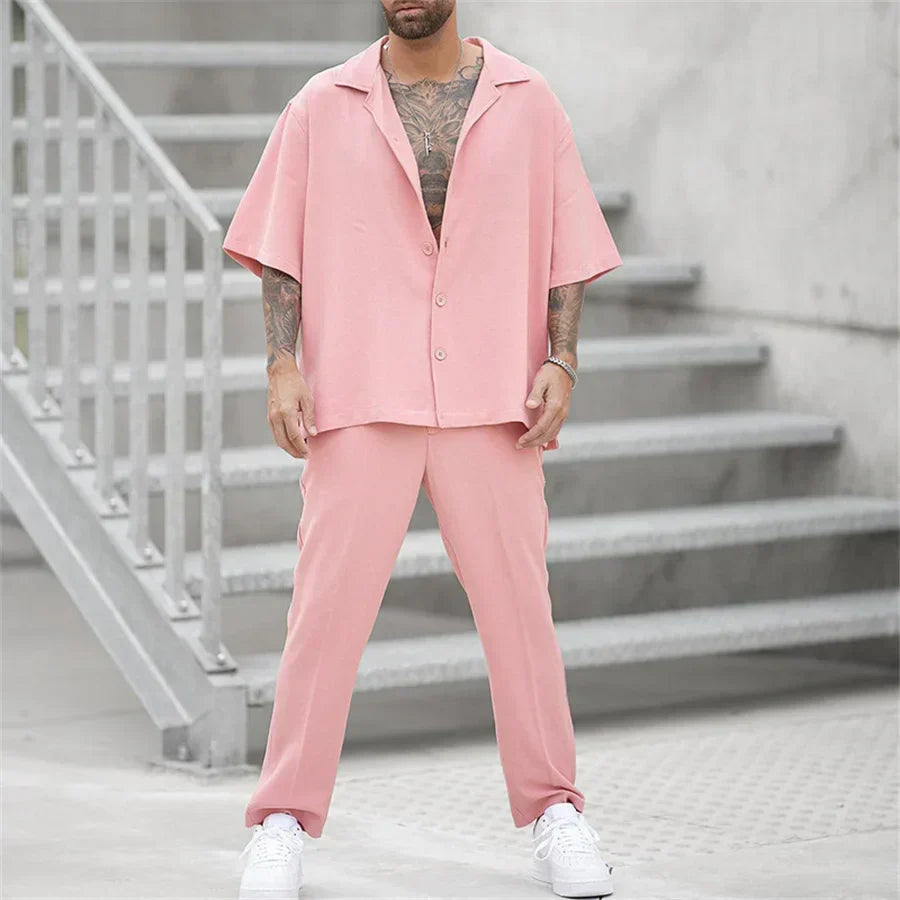 Eliano™ | Herrer Lounge Sæt 2-Dele med Skjorte med Knapper og Vide Bukser | Sommerligt Casual Sæt i Minimalistisk Stil
