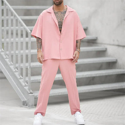 Eliano™ | Herrer Lounge Sæt 2-Dele med Skjorte med Knapper og Vide Bukser | Sommerligt Casual Sæt i Minimalistisk Stil