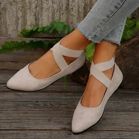 Lunelle™ | Damer Slip-On Sko med Krydsbånd | Komfortable Flats i Ruskind-Look med Spids Tå og Elastisk Ballerina-Stil