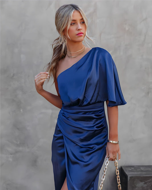 Amaya™ | Damer Satin One-Shoulder Cocktailkjole | Elegant Midi-Kjole med Slids