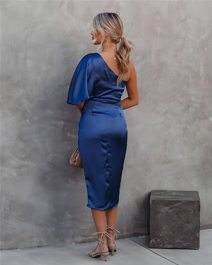 Amaya™ | Damer Satin One-Shoulder Cocktailkjole | Elegant Midi-Kjole med Slids