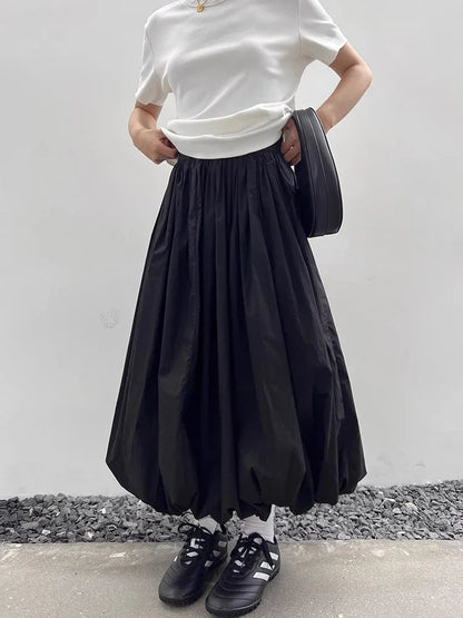 Mireko™ | Sort Ballonnederdel Dame | Voluminøs Midinederdel med Elastisk Taljebånd i Minimalistisk Urban Stil