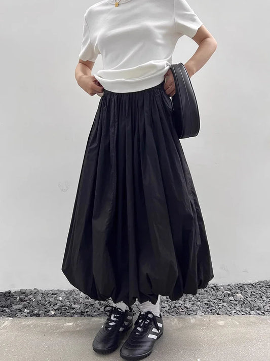 Mireko™ | Sort Ballonnederdel Dame | Voluminøs Midinederdel med Elastisk Taljebånd i Minimalistisk Urban Stil