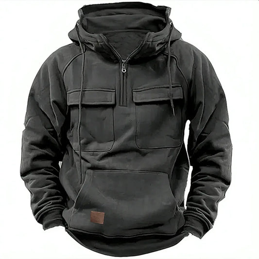 Zandor™ | Herrer Militær Half-Zip Pullover med Hætte, Praktiske Lommer og Halv Lynlås
