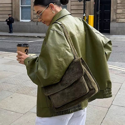 Marisse™ | Damer Grøn Læder Oversized Bomberjakke | Overgangsjakke med Trykknapper