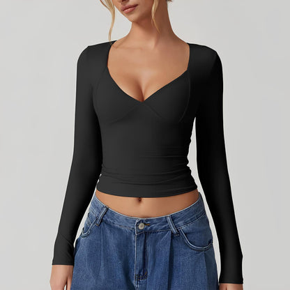 Mandy™ | Damer Langærmet Cropped Top Med Sweetheart-Udskæring | Tætsiddende Stretch-Top Med Kavalergang Og Formende Effekt
