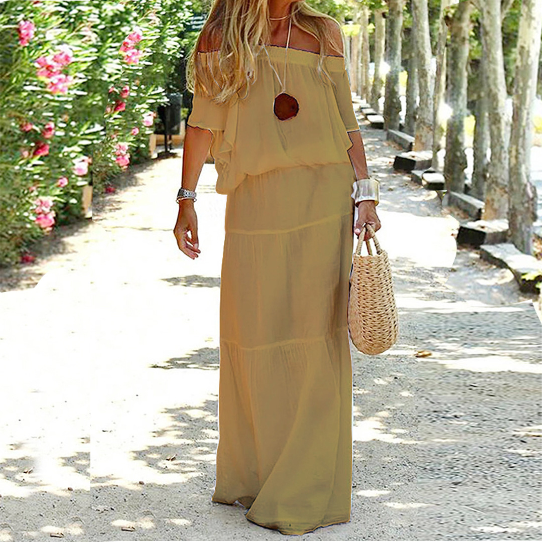 Amarisa™ | Off-Shoulder Maxi Kjole Damer | Luftig Sommerkjole med Lige Skørt og Løstsiddende Overdel til Strand eller Middag