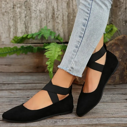 Lunelle™ | Damer Slip-On Sko med Krydsbånd | Komfortable Flats i Ruskind-Look med Spids Tå og Elastisk Ballerina-Stil