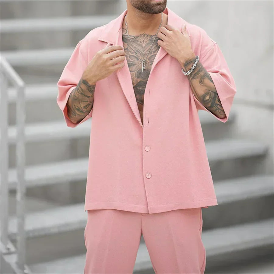 Eliano™ | Herrer Lounge Sæt 2-Dele med Skjorte med Knapper og Vide Bukser | Sommerligt Casual Sæt i Minimalistisk Stil