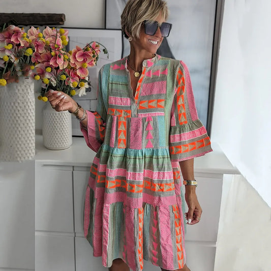 Zafira™ | Damer Boho Sommerkjole med Print | Farverig Løstsiddende A-Linje Kjole med Trekvartærmer og Lagdelt Skørt