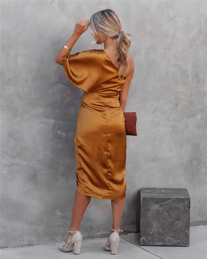 Amaya™ | Damer Satin One-Shoulder Cocktailkjole | Elegant Midi-Kjole med Slids