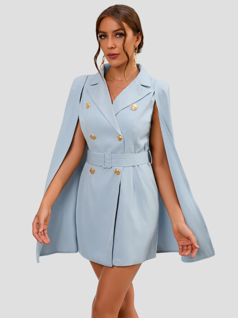 Amarielle™ | Damer Cape Blazer Kjole med Guldknapper | Chic, Elegant Cocktailkjole med Taljebælte