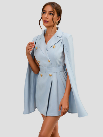 Amarielle™ | Damer Cape Blazer Kjole med Guldknapper | Chic, Elegant Cocktailkjole med Taljebælte